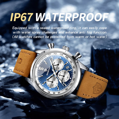 BINBOND B380 Top Luxury Leather Quartz Men's Watch Luminous Waterproof Fashion Casual Multi Functional Timer Business Men Watch