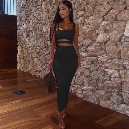 Women Dress Elegant Long Dresses Party Night Dress Women Dresses Woman Female Clothing Sexy Pleated Hollowout Two-piece Dress