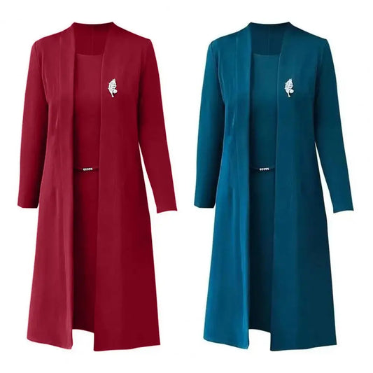 Women s Office Suit Fashion suit Simple Solid 2025 Spring Summer Open Front Long Cardigan Top Dress 2 Piece Set Blazer