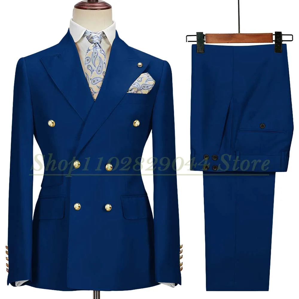 Blazer Hombre Yellow Suits for Men Chic Double Breasted Peak Lapel Elegant Wedding Full Set Male 2 Piece Jacket Pants 031D