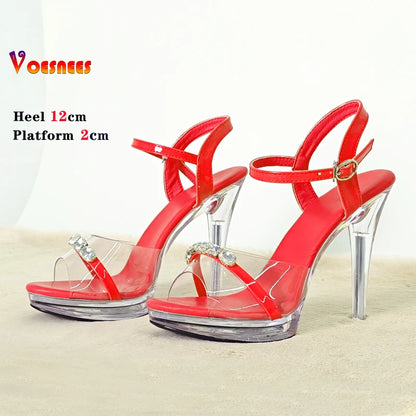 Transparent Slippers Ladies Clear PVC High Heeled Slippers Open Toe Daily Woman Sandals 12cm Sexy Show Crystal Shoes High Heels
