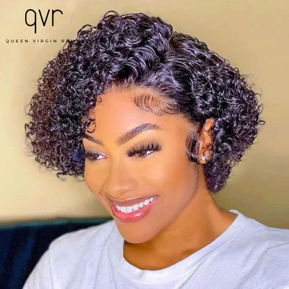 QVR Short Bob Wig Pixie Cut Wig Curly Human Hair Wigs For Women  Lace Front Wigs Peruvian Deep Wave Lace Wig Preplucked Hairline