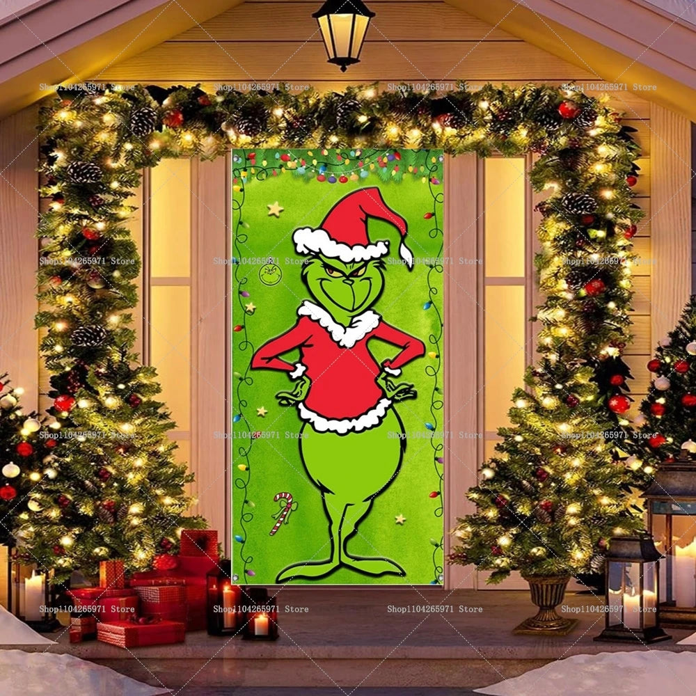Christmas Green Haired Monster Door Cover Background Cloth Banner Christmas Party Scene Decoration Door Cover