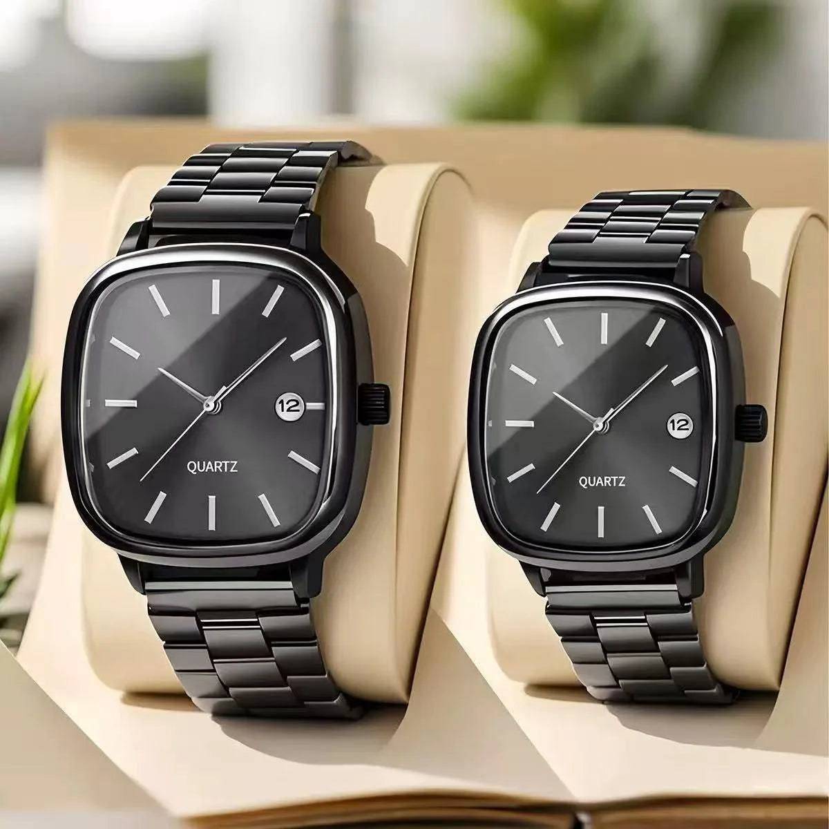 Couple watches for men and women; quartz watches with stainless steel bands and calendar; Christmas gift.