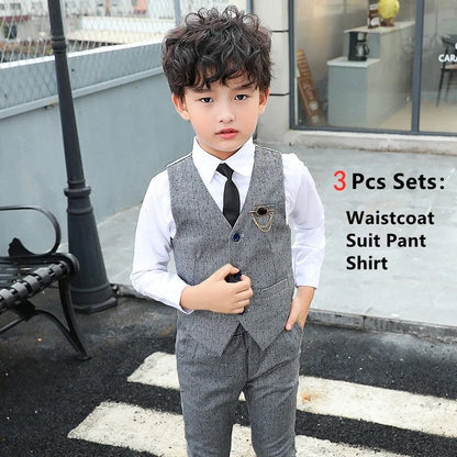 Boy Plaid Vest Blazer Kids Waistcoat Wedding Clothes Set Toddler Formal Dress Suit Child Brooch Shirt Pant Baby Gentlemen Outfit