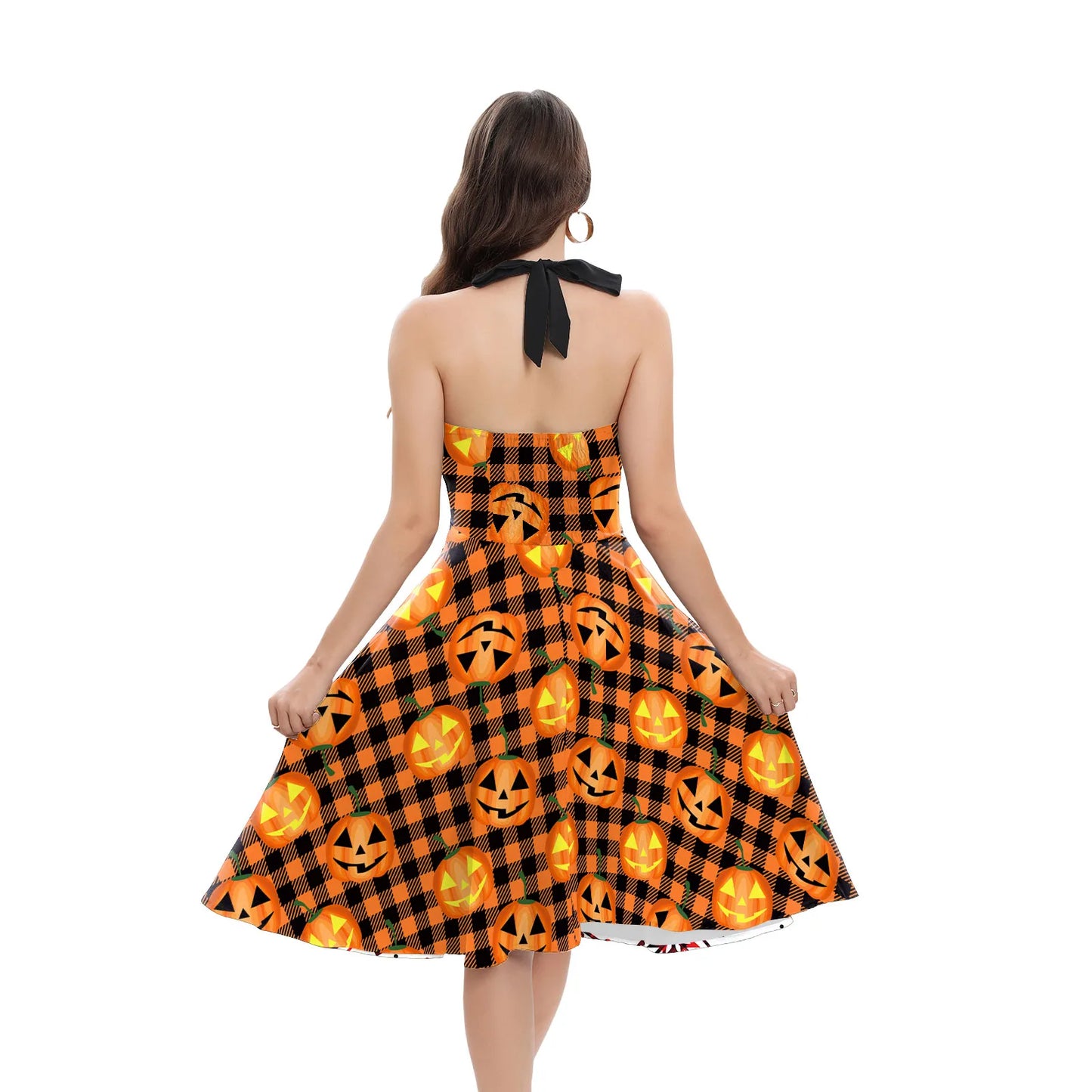 [You're My Secret] Halloween Cosplay Women Skeleton Pumpkin Print Gothic Backless Dress Carnival Party Gown Day of The Dead