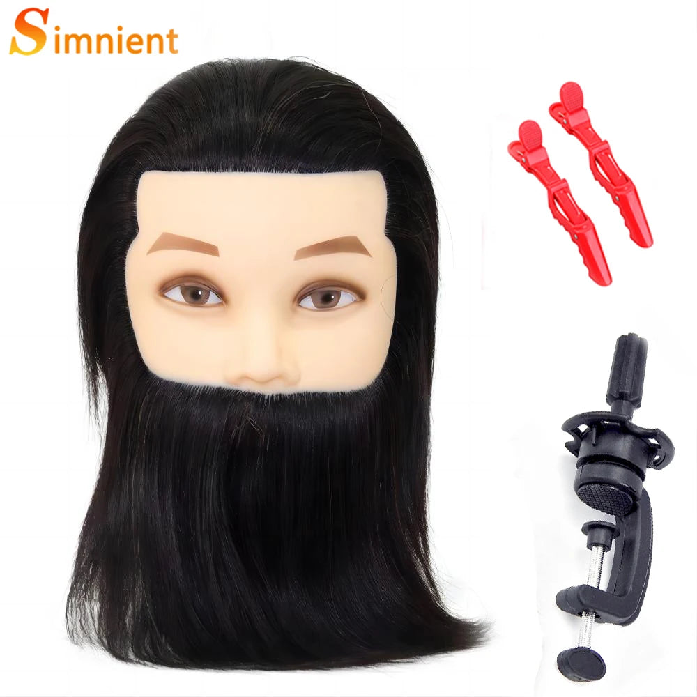 100% Human Hair Male Mannequin Head With Hair Beard Practice Manikin Hairdresser Cosmetology Training Doll Head For Hair Styling