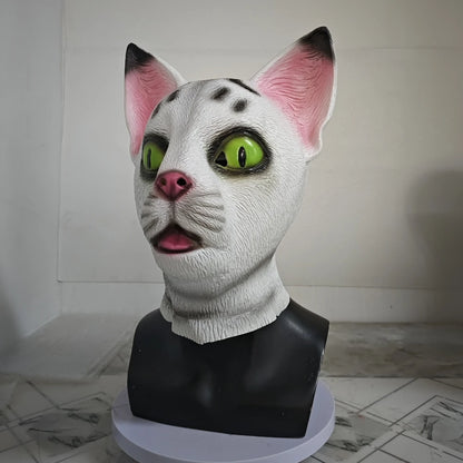 Realistic Full Head Black And White Cat Latex Mask Halloween Animal Cosplay Costume Headgear Carnival Accessory Prank Props Gift