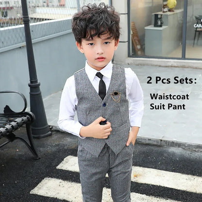 Boy Plaid Vest Blazer Kids Waistcoat Wedding Clothes Set Toddler Formal Dress Suit Child Brooch Shirt Pant Baby Gentlemen Outfit