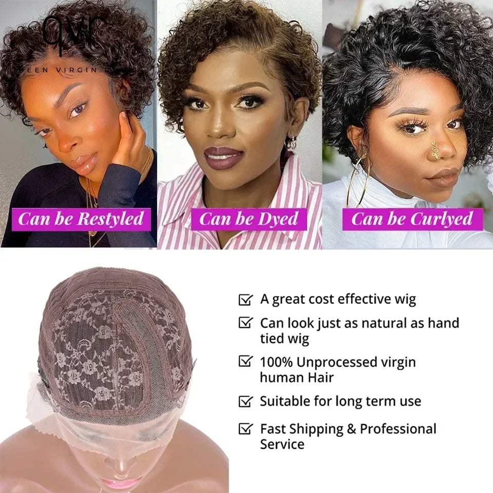 QVR Short Bob Wig Pixie Cut Wig Curly Human Hair Wigs For Women  Lace Front Wigs Peruvian Deep Wave Lace Wig Preplucked Hairline