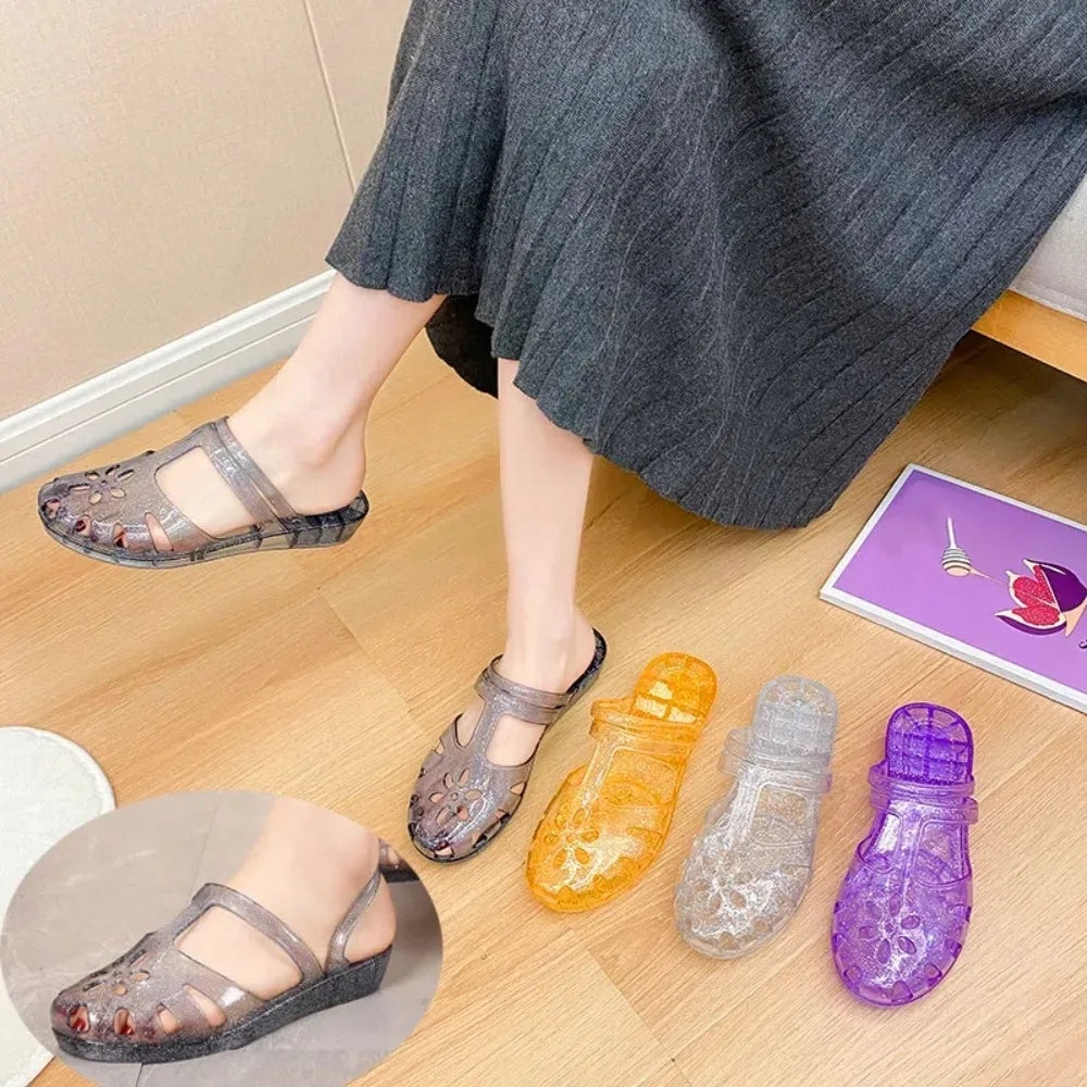 Transparent PVC Crystal Slippers Cover Toe Hollow Flower Flats Slippers Women Beachwear Shoes Anti Slip Slides Sandals Indoor
