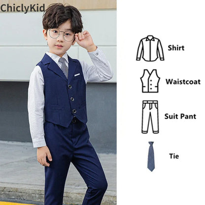 Boy Plaid Vest Blazer Kids Waistcoat Wedding Clothes Set Toddler Formal Dress Suit Child Brooch Shirt Pant Baby Gentlemen Outfit