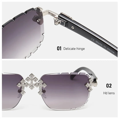 2025 Fashion Square Rimless Sunglasses Cross Diamond Metal Frame For Women Luxury Eyewear Cut Lens UV400 Shades Sun Glasses