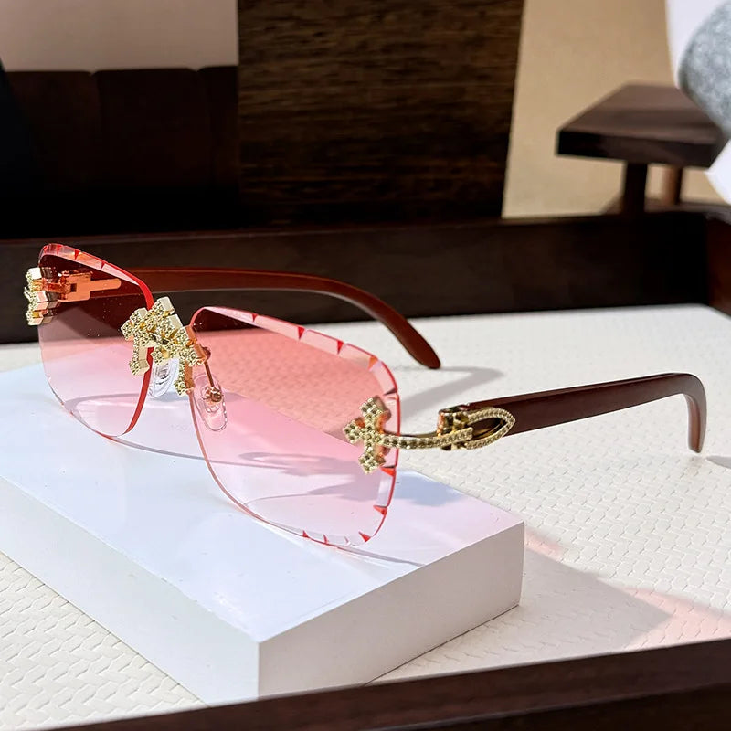 2025 New Men's Retro Rimless Square Sunglasses with Diamond-Cut Edges and Imitation Wood Grain For Lady Punk Frameless Eyewear