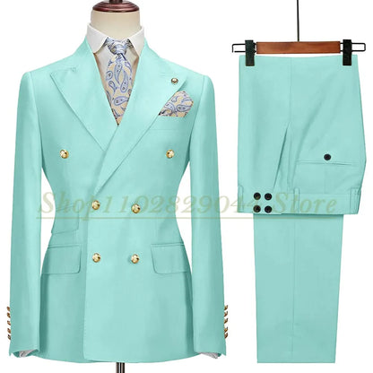 Blazer Hombre Yellow Suits for Men Chic Double Breasted Peak Lapel Elegant Wedding Full Set Male 2 Piece Jacket Pants 031D