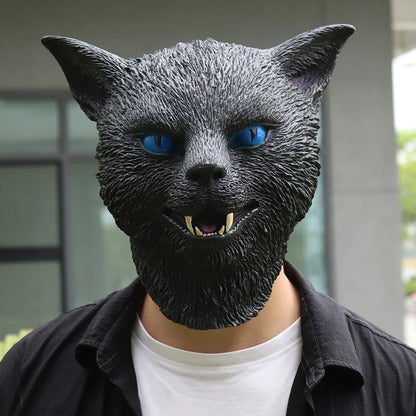 Realistic Full Head Black And White Cat Latex Mask Halloween Animal Cosplay Costume Headgear Carnival Accessory Prank Props Gift