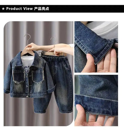 Boys Denim Suit Spring 2025 Spring Autumn New Style Children's Western-style Coat Boys' Fashionable Explosive Street 2 Piece Set