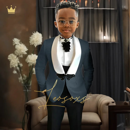 Boys Tuxedo Suit 2 Piece Set, Fashion Black Butterfly Button Jacquard Jacket Black Pants Elegant Slim Wedding Party Formal Wear