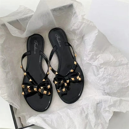 2025 Summer Women Slippers Bow Flip Flops Rivet Flats Sandals Outdoor Transparent Crystal Beach Shoes Female Open Toe Shoes