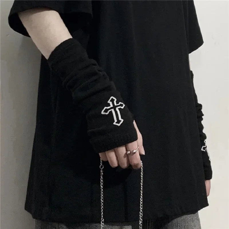 Punk EMO Style Streetwear Women Wrist Arm Warmer Knitted Long Fingerless Oversleeve Black Mitten Halloween CrossDark Moon