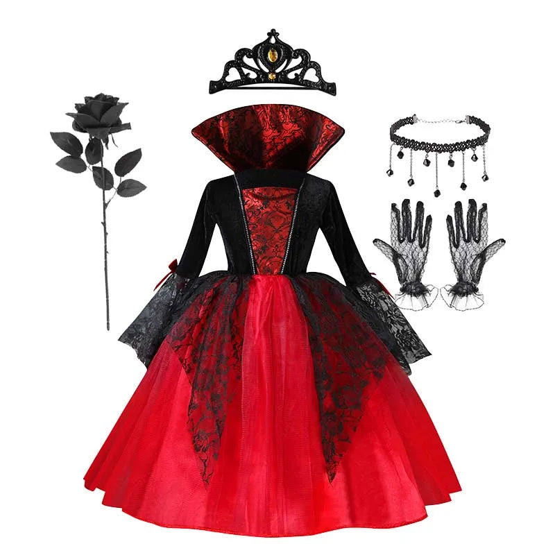 2025 Girls Cosplay Vampire Halloween Dress for Kids Ghost Bride Gothic Costume Count Vampiran Carnival Outfit Black Red Clothes