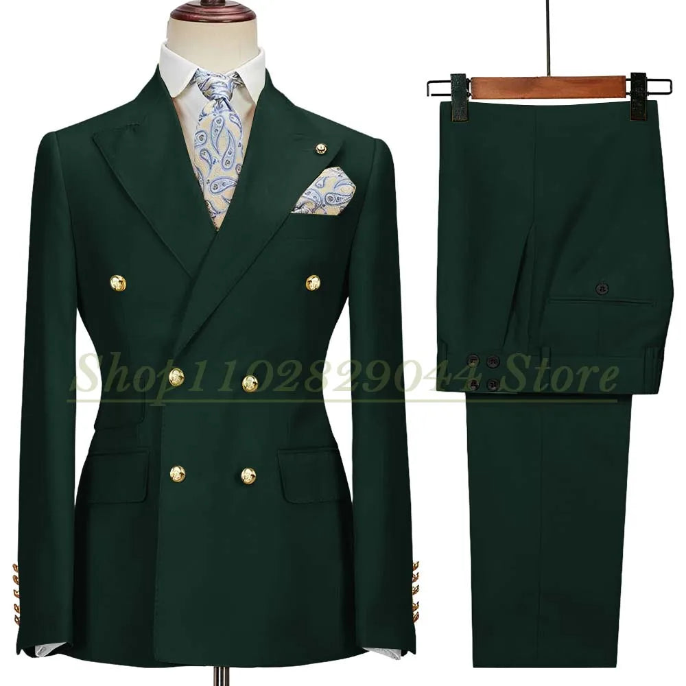 Blazer Hombre Yellow Suits for Men Chic Double Breasted Peak Lapel Elegant Wedding Full Set Male 2 Piece Jacket Pants 031D
