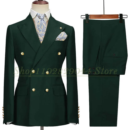 Blazer Hombre Yellow Suits for Men Chic Double Breasted Peak Lapel Elegant Wedding Full Set Male 2 Piece Jacket Pants 031D