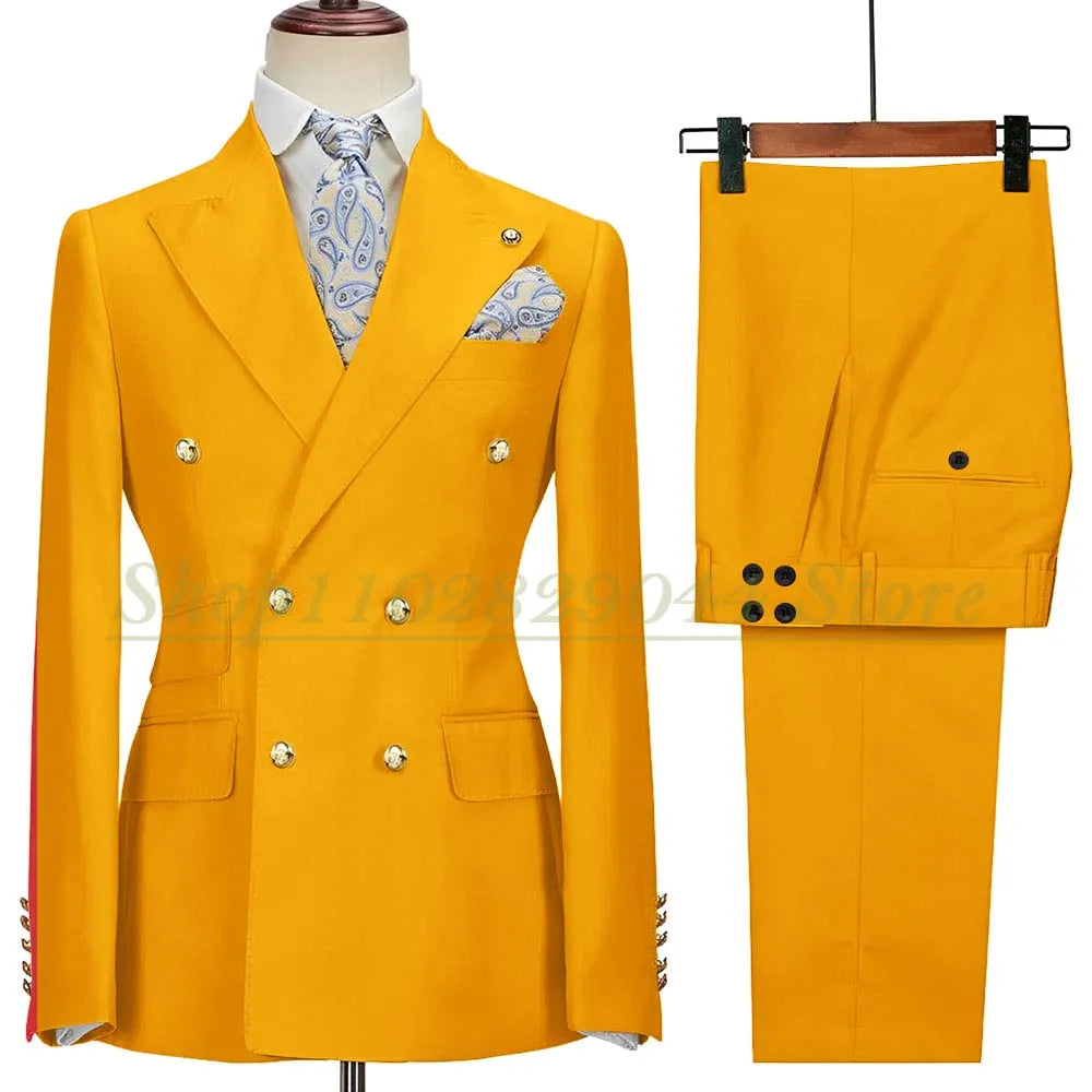 Blazer Hombre Yellow Suits for Men Chic Double Breasted Peak Lapel Elegant Wedding Full Set Male 2 Piece Jacket Pants 031D