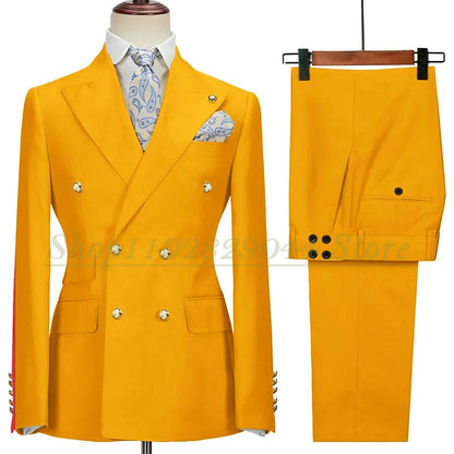 Blazer Hombre Yellow Suits for Men Chic Double Breasted Peak Lapel Elegant Wedding Full Set Male 2 Piece Jacket Pants 031D