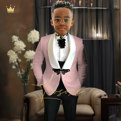 Boys Tuxedo Suit 2 Piece Set, Fashion Black Butterfly Button Jacquard Jacket Black Pants Elegant Slim Wedding Party Formal Wear
