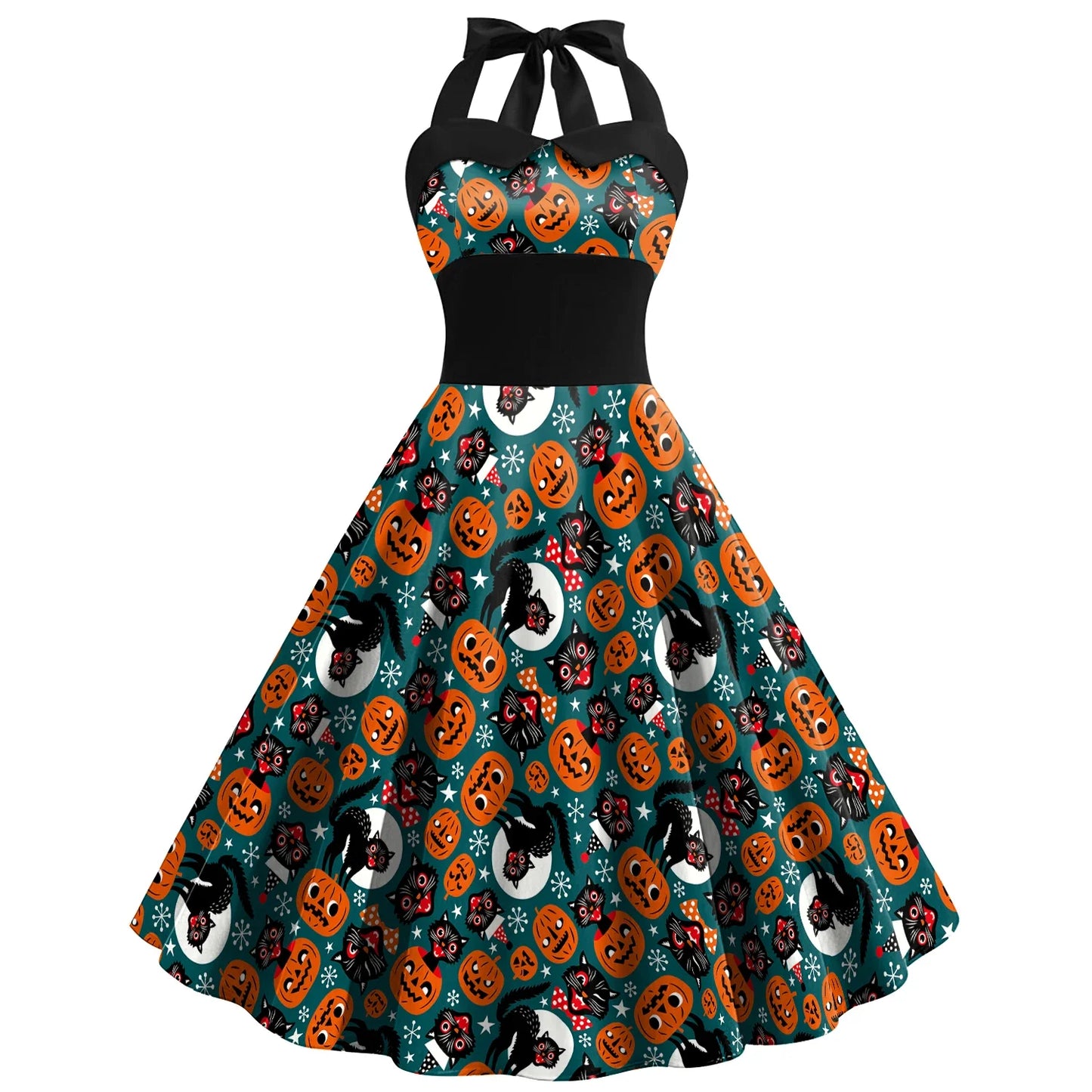 [You're My Secret] Halloween Cosplay Women Skeleton Pumpkin Print Gothic Backless Dress Carnival Party Gown Day of The Dead