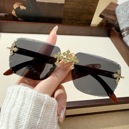 2025 New Men's Retro Rimless Square Sunglasses with Diamond-Cut Edges and Imitation Wood Grain For Lady Punk Frameless Eyewear