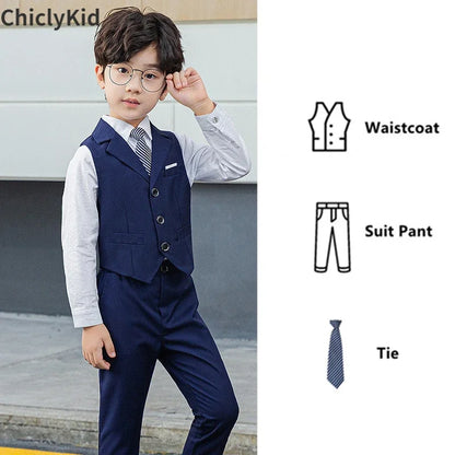 Boy Plaid Vest Blazer Kids Waistcoat Wedding Clothes Set Toddler Formal Dress Suit Child Brooch Shirt Pant Baby Gentlemen Outfit