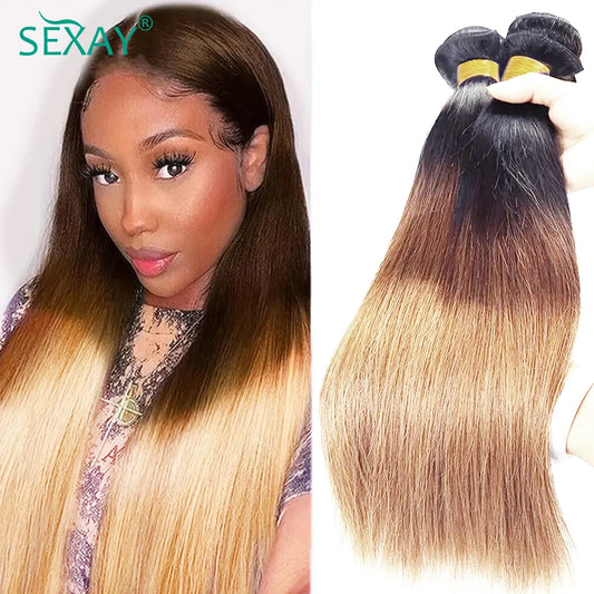 28 30 Inch 1B/4/27 Bone Straight Human Hair Weave Bundles 100% Brazilian Pre Colored Human Hair Extensions 3 Tone Ombre Hair