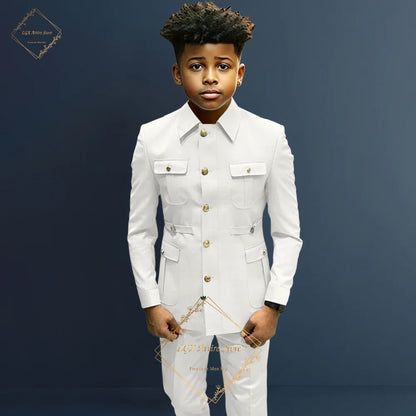 Boys single breasted formal suit 2 piece suit, boys Zhongshan suit style long coat classic design suitable for 2~16 years old