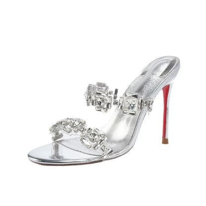 2025 New Transparent Crystal High Heel Slippers Women Sexy Silver Thin Heel Wedding Shoes