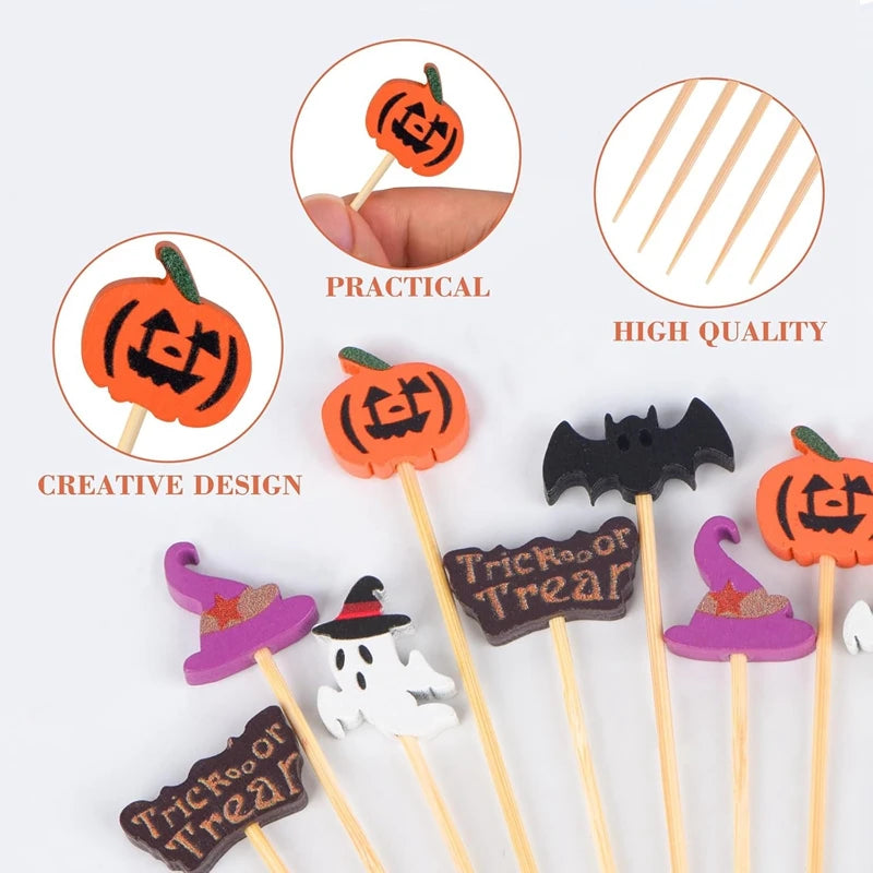 50/100Pcs Halloween Party Toothpicks Disposable Bamboo Skewers Pumpkin Ghost Fruit Fork Cake Dessert Cocktail Stick Decorations