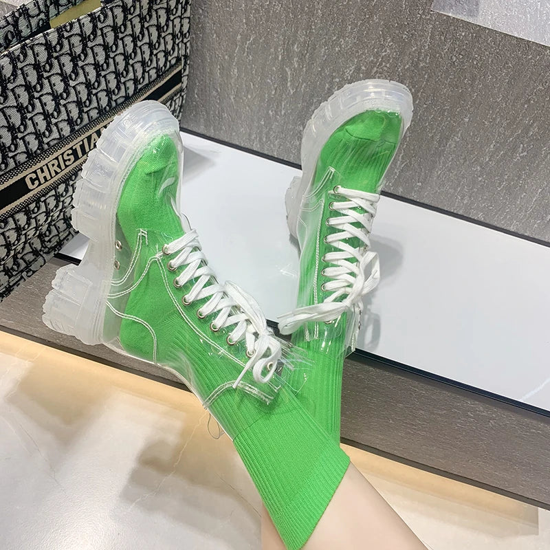 Women Sport Chunky Jelly Shoes Platform Flats Rainboots 2022 Spring New Designer Transparent Ladies Shoes Running Zapatos