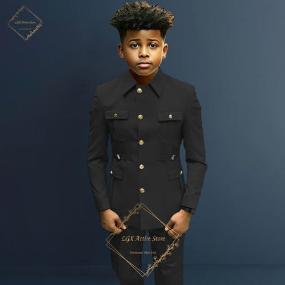 Boys single breasted formal suit 2 piece suit, boys Zhongshan suit style long coat classic design suitable for 2~16 years old