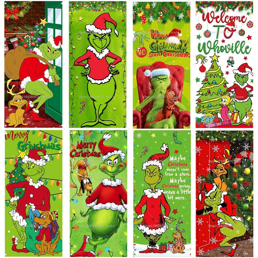 Christmas Green Haired Monster Door Cover Background Cloth Banner Christmas Party Scene Decoration Door Cover