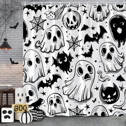 Spooky Horror Halloween Skeleton Crow Shower Curtain Black Bat Black Cat Polyester Fabric Bath Curtain Bathroom Decor With Hooks