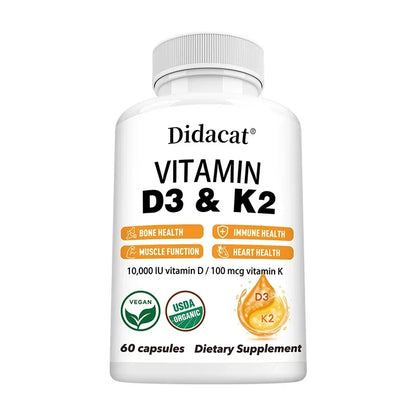 Vitamin D3+K2 Supplement 10000IU Vitamin D3 and K2 (MK-7) Capsules for Bone, Heart, Muscle, Immune Support, Non-GMO