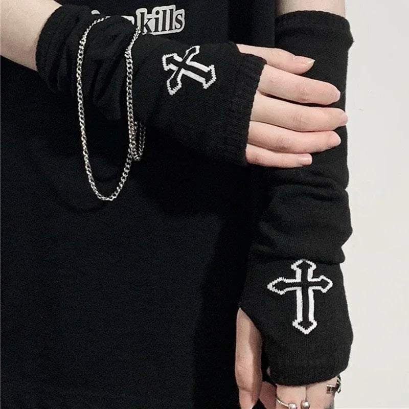 Punk EMO Style Streetwear Women Wrist Arm Warmer Knitted Long Fingerless Oversleeve Black Mitten Halloween CrossDark Moon
