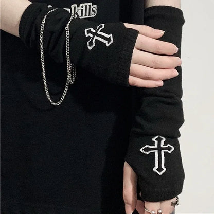 Punk EMO Style Streetwear Women Wrist Arm Warmer Knitted Long Fingerless Oversleeve Black Mitten Halloween CrossDark Moon