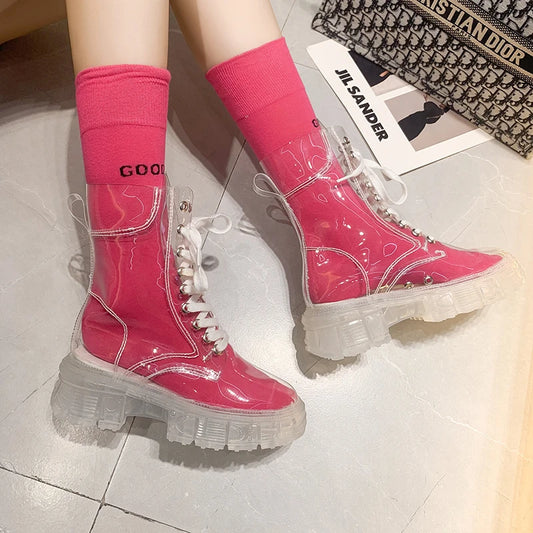 Women Sport Chunky Jelly Shoes Platform Flats Rainboots 2022 Spring New Designer Transparent Ladies Shoes Running Zapatos