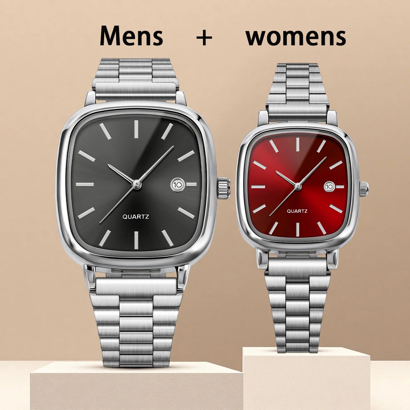 Couple watches for men and women; quartz watches with stainless steel bands and calendar; Christmas gift.
