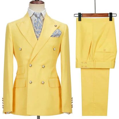 Blazer Hombre Yellow Suits for Men Chic Double Breasted Peak Lapel Elegant Wedding Full Set Male 2 Piece Jacket Pants 031D