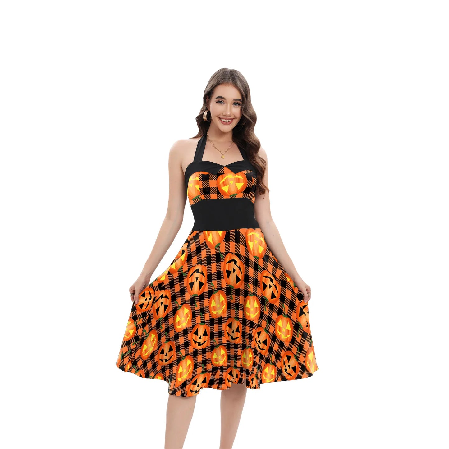[You're My Secret] Halloween Cosplay Women Skeleton Pumpkin Print Gothic Backless Dress Carnival Party Gown Day of The Dead