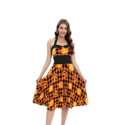 [You're My Secret] Halloween Cosplay Women Skeleton Pumpkin Print Gothic Backless Dress Carnival Party Gown Day of The Dead