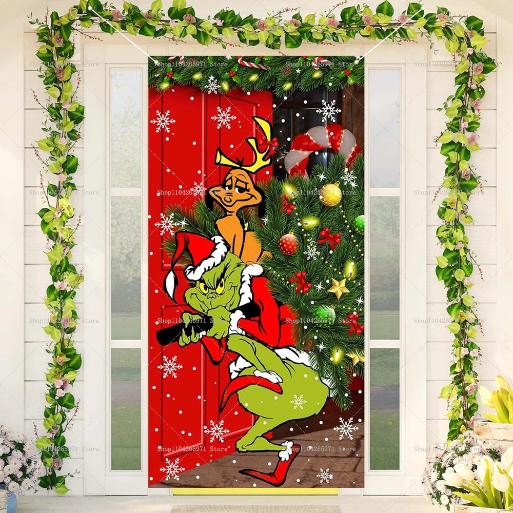 Christmas Green Haired Monster Door Cover Background Cloth Banner Christmas Party Scene Decoration Door Cover